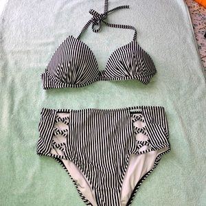 Shade & Shore White/Black Stripes Bikini